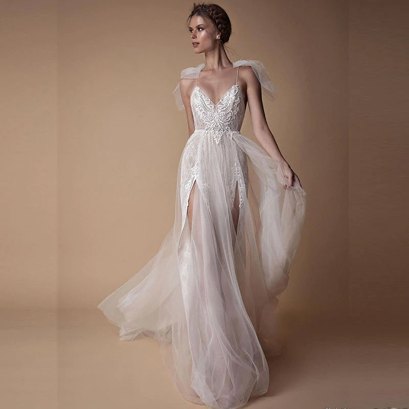 Double Slit Tulle & Lace Wedding Dress w/ Bow Embellishments